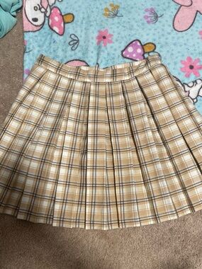 Beige Plaid Pleated Mini Skirt